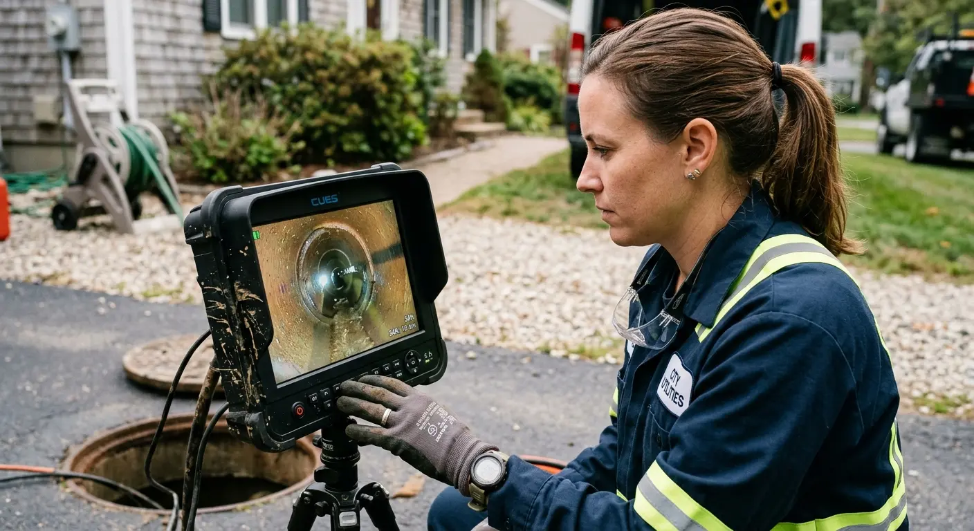 Technician reviewing sewer camera inspection footage in Gulfport