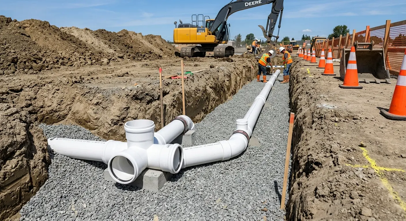 New PVC sewer pipe installation in open trench for Commercial Drain Cleaning in Gulfport